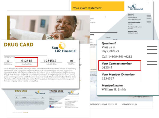 You can find your contract number in the upper right corner of your Sun Life claim statement or on your coverage or drug card.