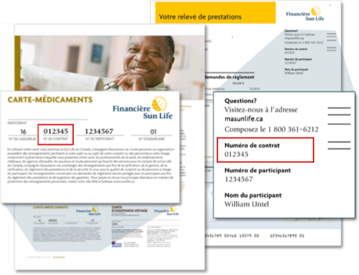 Vous trouverez votre numéro de contrat dans le coin supérieur droit de votre relevé de prestations ou sur votre carte-couverture ou carte-médicaments de la Financière Sun Life.