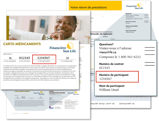 Vous trouverez votre numéro de participant dans le coin supérieur droit de votre relevé de prestations ou sur votre carte-couverture ou carte-médicaments de la Financière Sun Life.