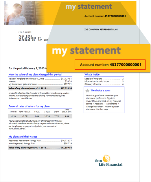 You can find your account number in the upper right corner of your Sun Life statement.